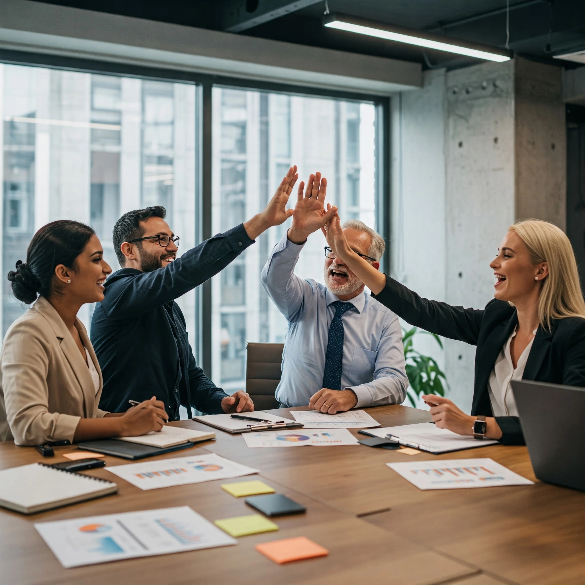 A team of professionals celebrating their success with a high five in a modern office